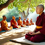 **Prompt:** A determined Buddhist nun (bhikkhuni) in vibrant robes, leading a meditation session outdoors under a Bodhi tree, with a diverse group of followers (male and female) listening attentively. Sunlight filters through the leaves, creating a peaceful atmosphere. Focus on her serene expression and the inclusive nature of the gathering.