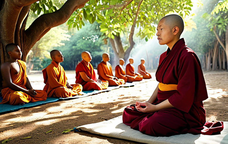 **Prompt:** A determined Buddhist nun (bhikkhuni) in vibrant robes, leading a meditation session outdoors under a Bodhi tree, with a diverse group of followers (male and female) listening attentively. Sunlight filters through the leaves, creating a peaceful atmosphere. Focus on her serene expression and the inclusive nature of the gathering.